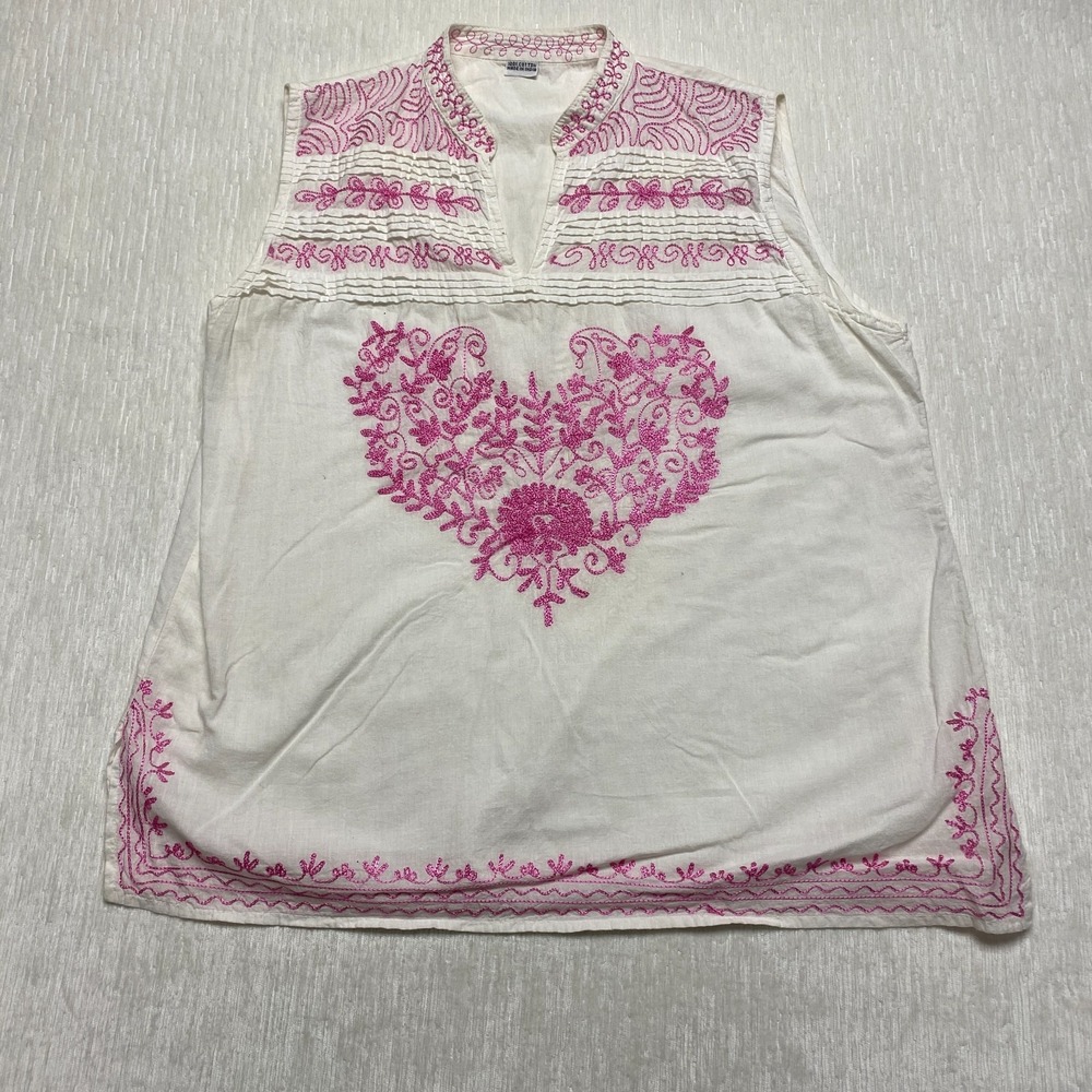 Embroidered Peasant Top Women Large Sleeveless White Pink Floral Cotton India